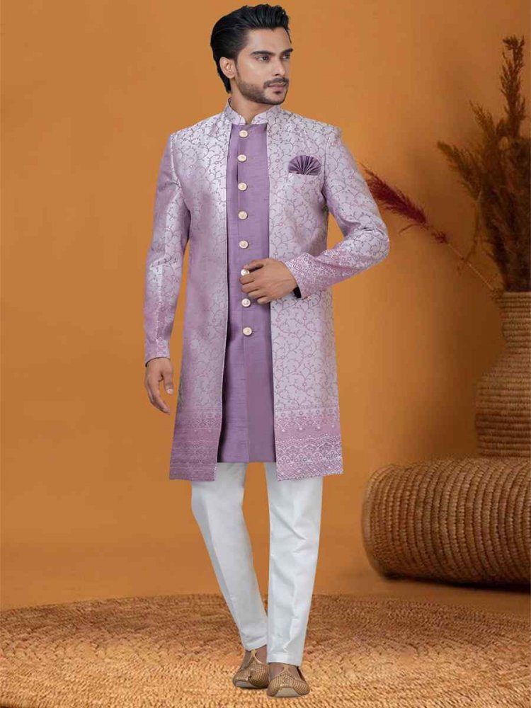 Violet Jacquard Silk Woven Groom Wedding Sherwani