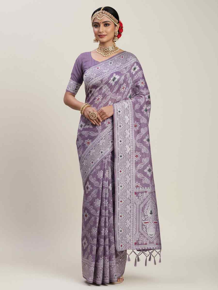 Violet Linen Cotton Handwoven Bridal Reception Festival Wedding Fancy Heavy Border Saree