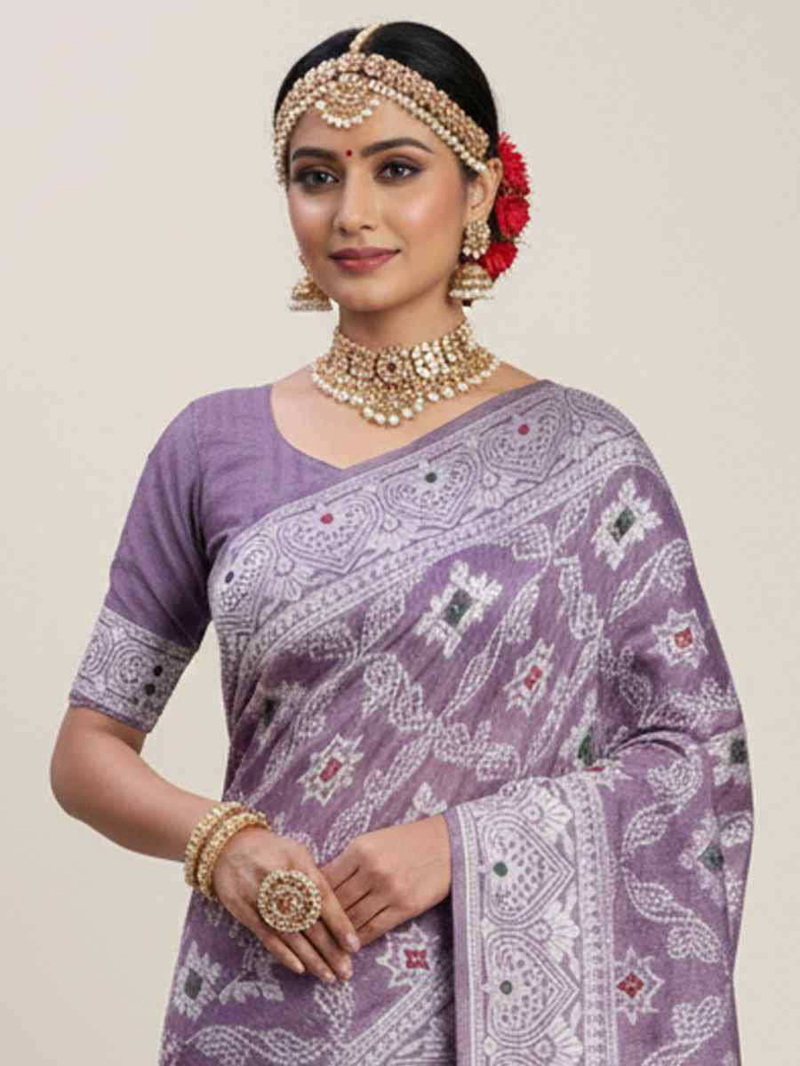 Violet Linen Cotton Handwoven Bridal Reception Festival Wedding Fancy Heavy Border Saree