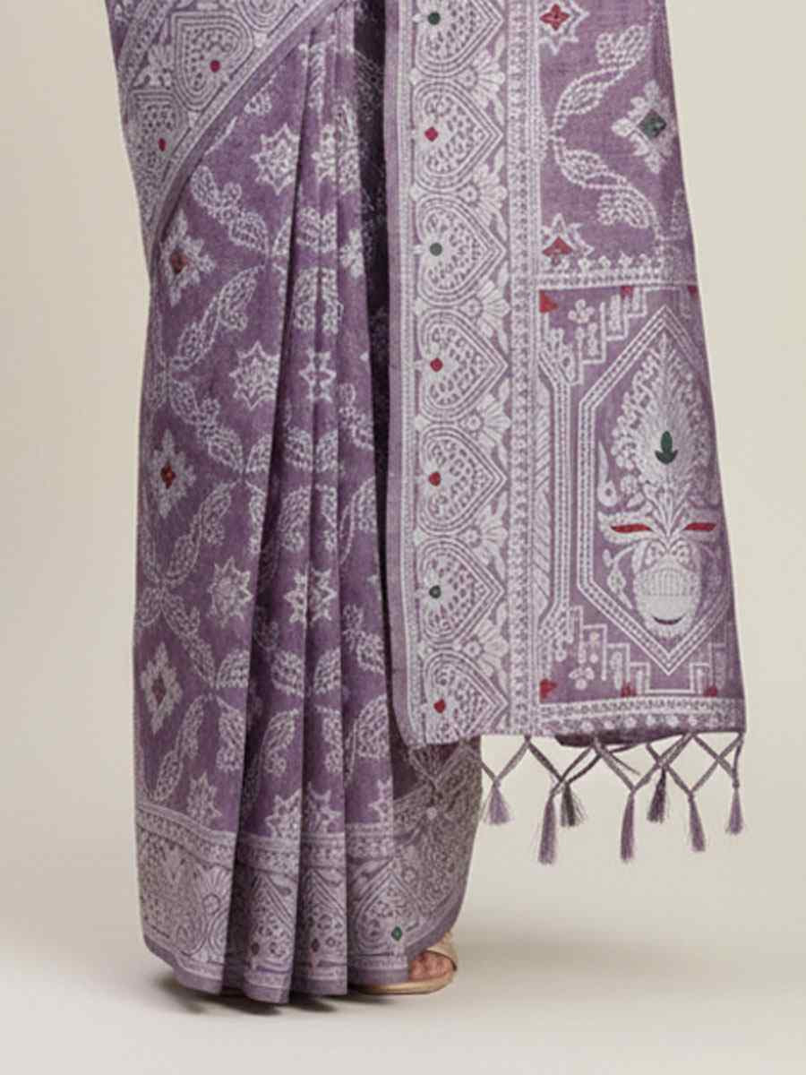Violet Linen Cotton Handwoven Bridal Reception Festival Wedding Fancy Heavy Border Saree