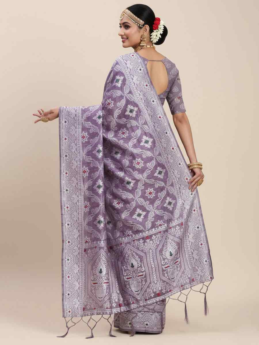 Violet Linen Cotton Handwoven Bridal Reception Festival Wedding Fancy Heavy Border Saree