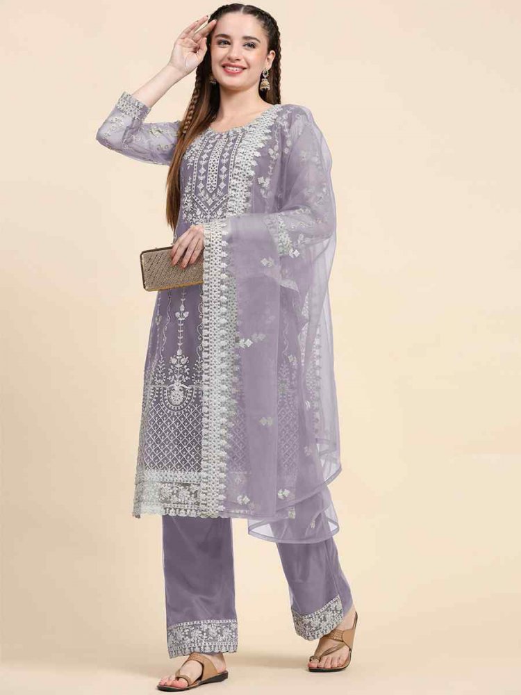 Violet Net Embroidered Festival Mehendi Pant Salwar Kameez