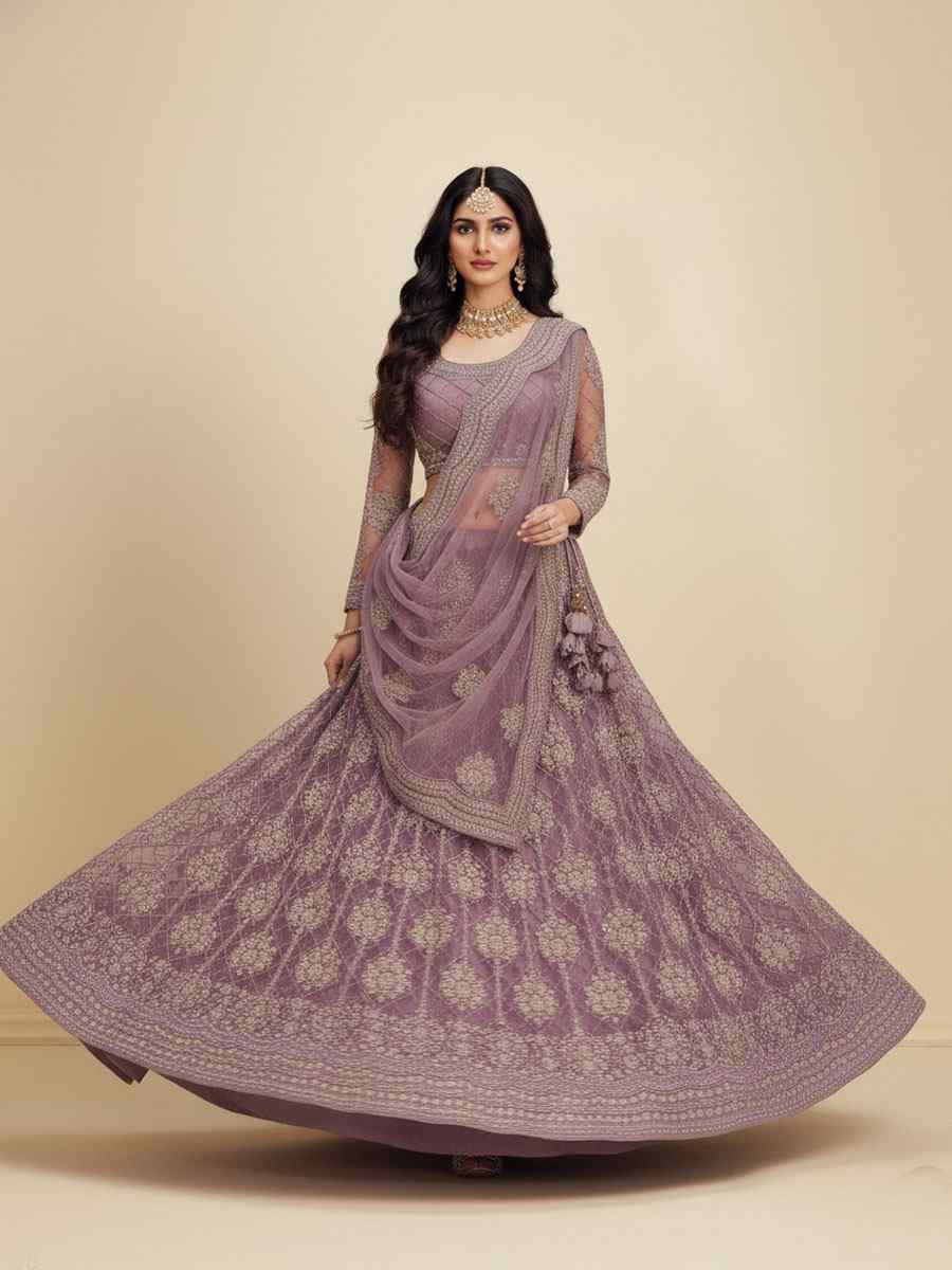 Violet Net Embroidered Wedding Reception Festival Heavy Border Lehenga Choli