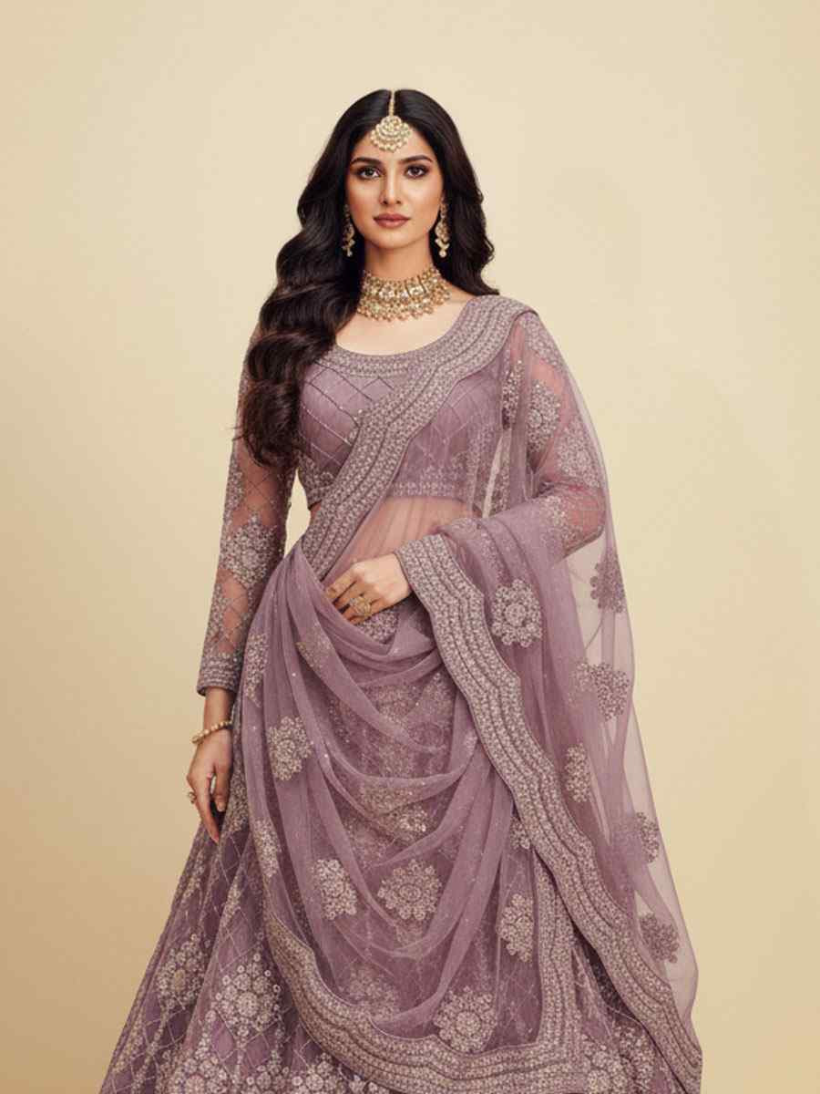 Violet Net Embroidered Wedding Reception Festival Heavy Border Lehenga Choli