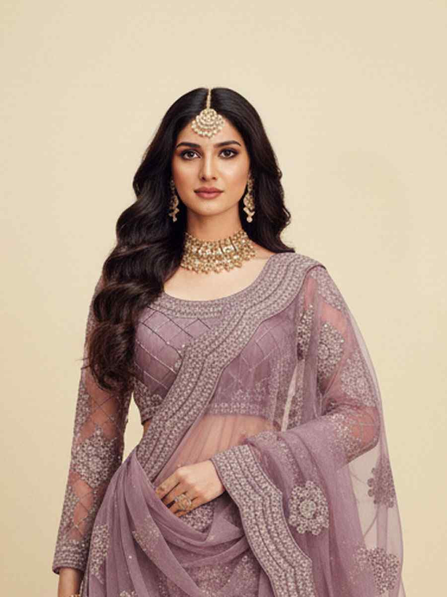 Violet Net Embroidered Wedding Reception Festival Heavy Border Lehenga Choli