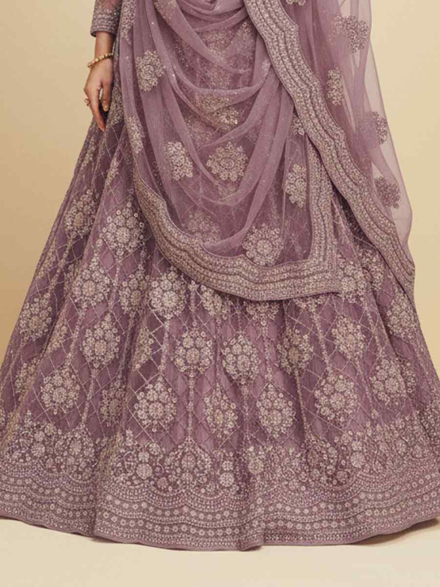 Violet Net Embroidered Wedding Reception Festival Heavy Border Lehenga Choli
