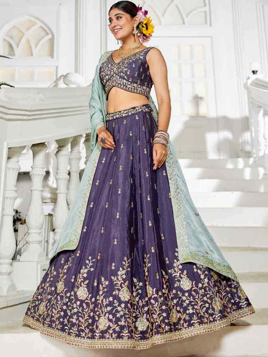 Violet Poly Chiffon Embroidered Reception Wedding Heavy Border Lehenga Choli