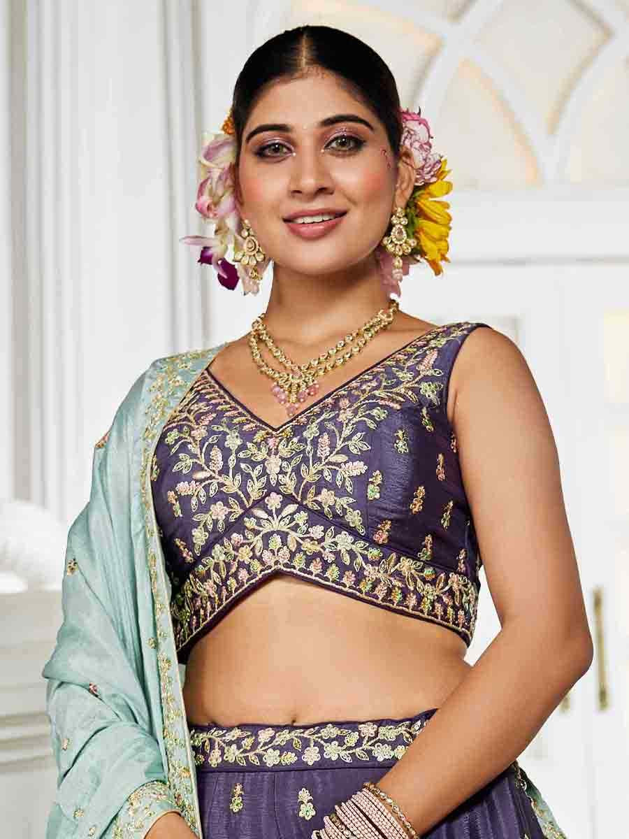 Violet Poly Chiffon Embroidered Reception Wedding Heavy Border Lehenga Choli