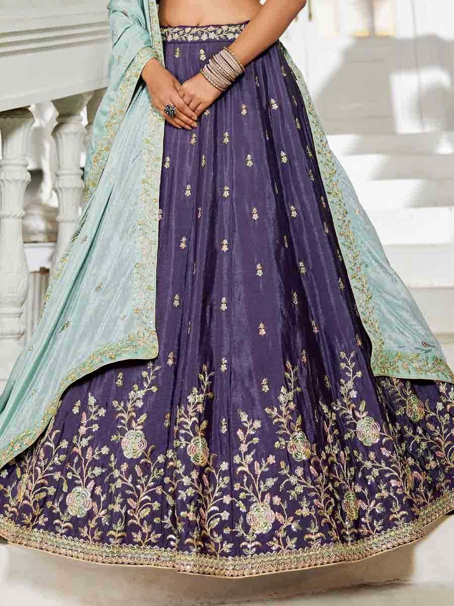 Violet Poly Chiffon Embroidered Reception Wedding Heavy Border Lehenga Choli