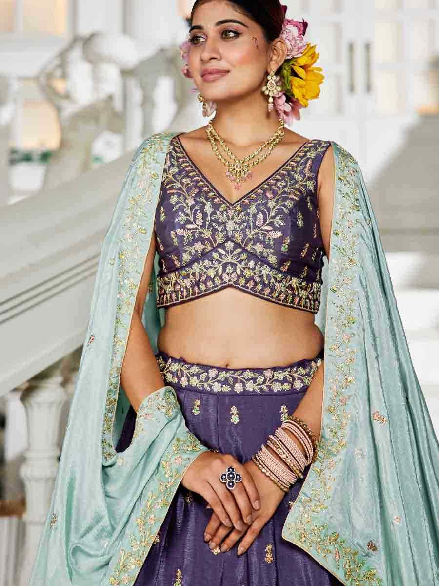 Violet Poly Chiffon Embroidered Reception Wedding Heavy Border Lehenga Choli