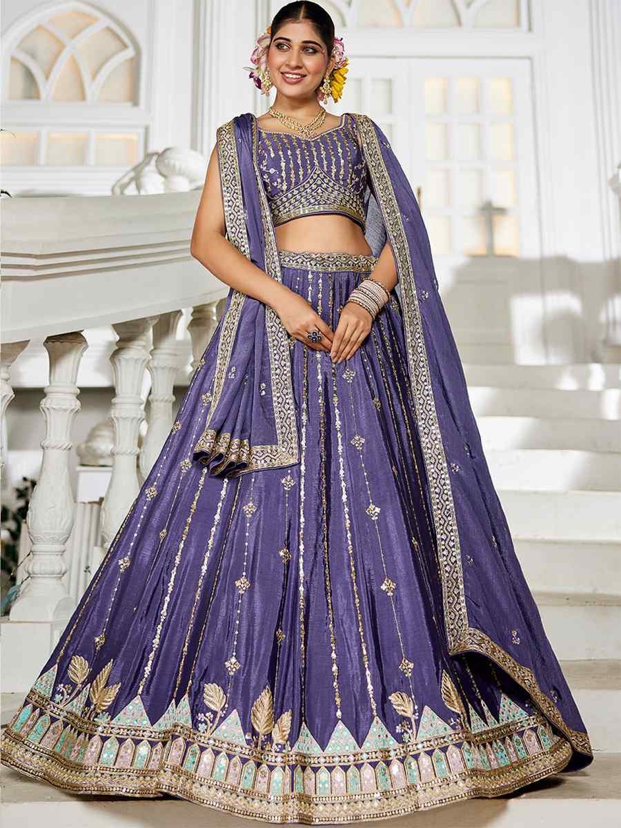 Violet Poly Georgette Embroidered Festival Reception Wedding Party Wear Heavy Border Lehenga Choli