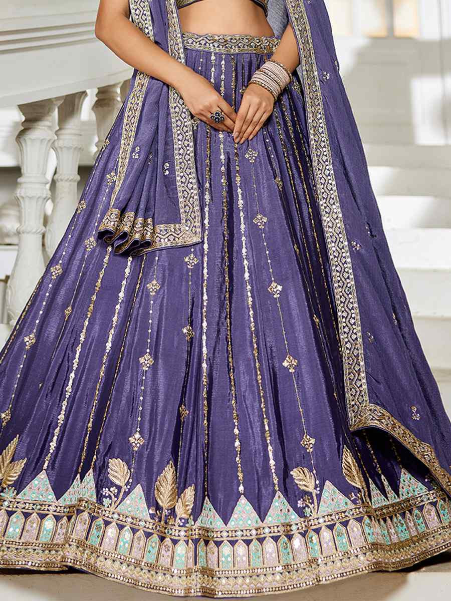 Violet Poly Georgette Embroidered Festival Reception Wedding Party Wear Heavy Border Lehenga Choli