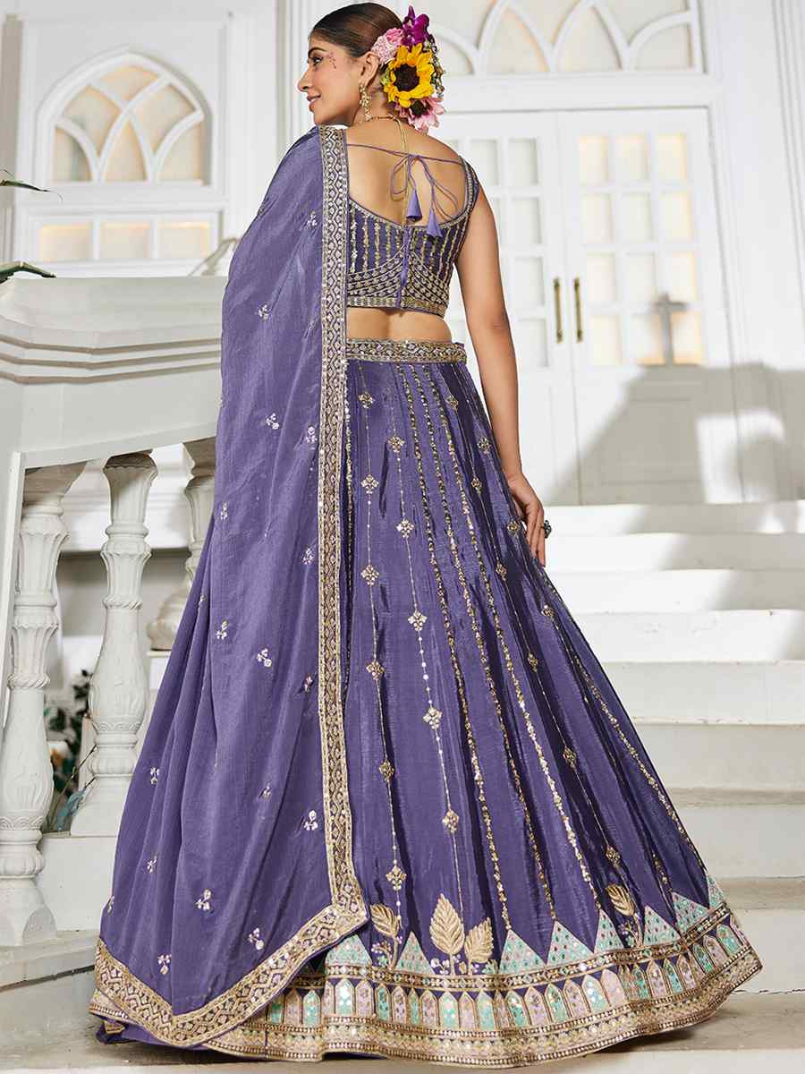 Violet Poly Georgette Embroidered Festival Reception Wedding Party Wear Heavy Border Lehenga Choli