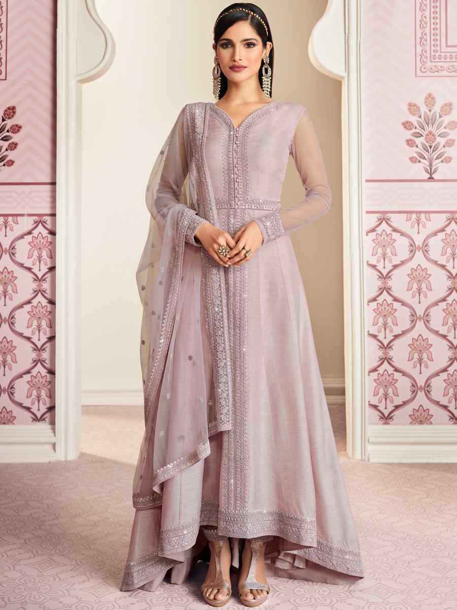 Violet Russian Silk Embroidered Festival Wedding Anarkali Salwar Kameez