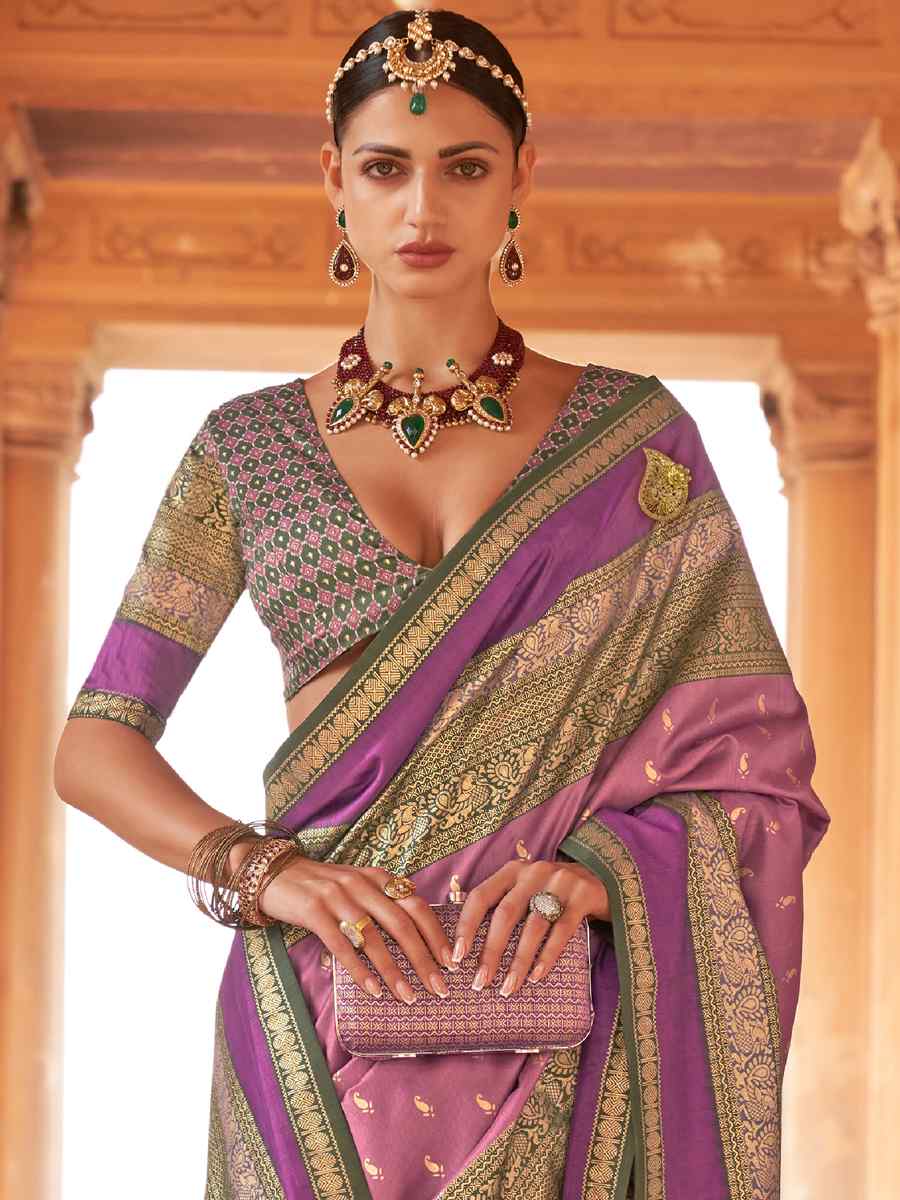 Violet Silk Handwoven Wedding Festival Heavy Border Saree