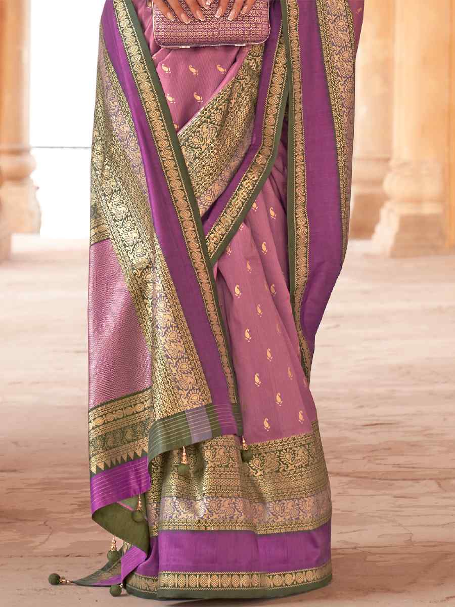 Violet Silk Handwoven Wedding Festival Heavy Border Saree