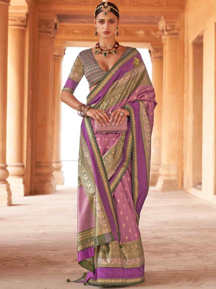 Violet Silk Handwoven Wedding Festival Heavy Border Saree