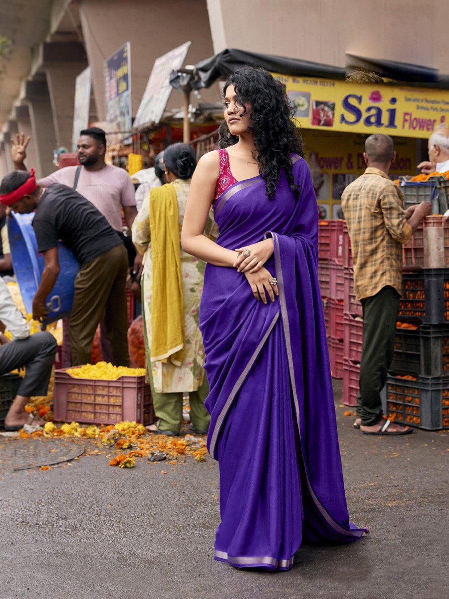 Violet Silk Plain Casual Party Festival Wedding Fancy Classic Style Sarees
