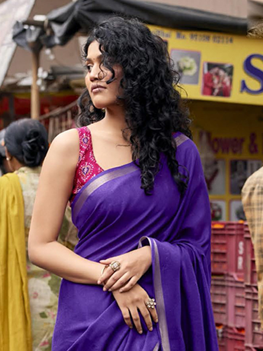 Violet Silk Plain Casual Party Festival Wedding Fancy Classic Style Sarees
