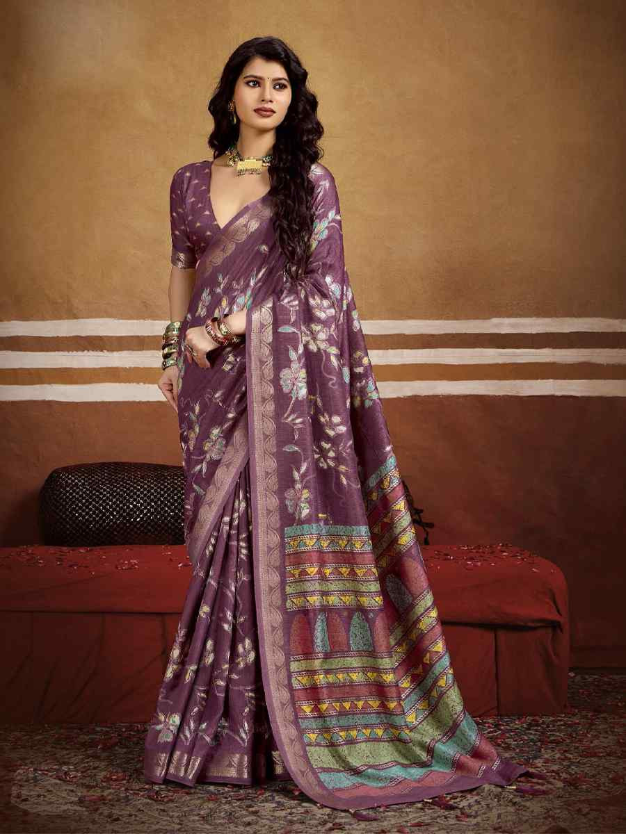 Violet Silk Printed with Handwoven Festival Wedding Fancy Heavy Border Saree
