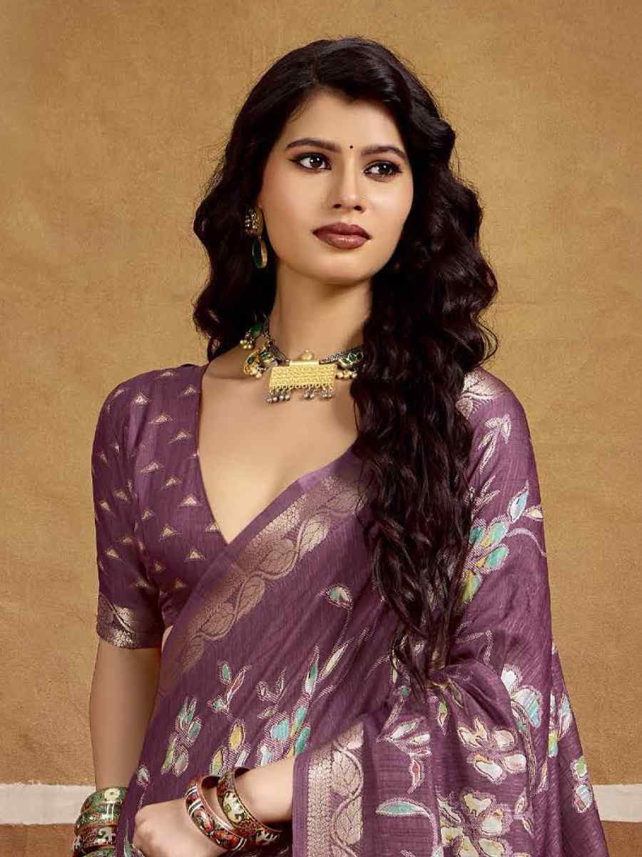 Violet Silk Printed with Handwoven Festival Wedding Fancy Heavy Border Saree