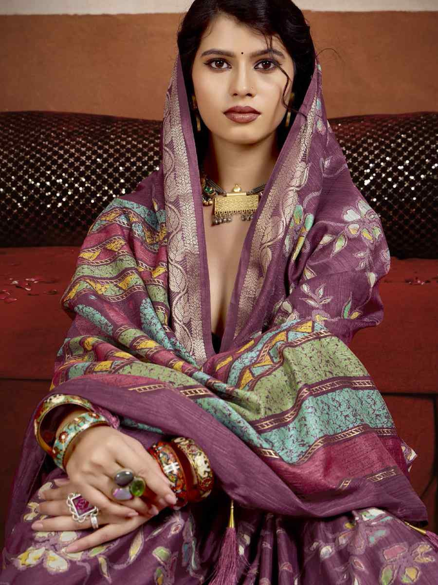 Violet Silk Printed with Handwoven Festival Wedding Fancy Heavy Border Saree