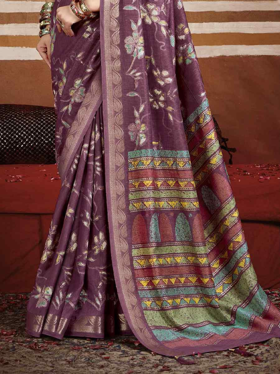 Violet Silk Printed with Handwoven Festival Wedding Fancy Heavy Border Saree
