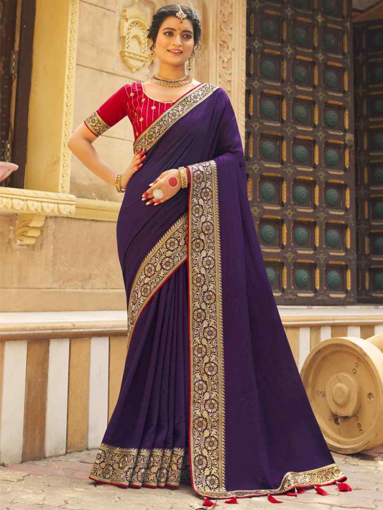 Violet Vichitra Silk Embroidered Party Reception Heavy Border Saree