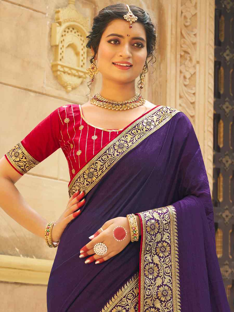 Violet Vichitra Silk Embroidered Party Reception Heavy Border Saree