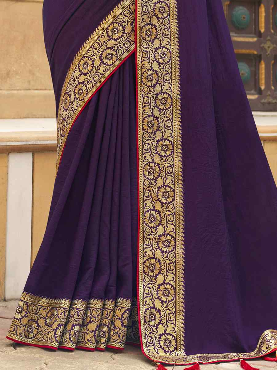 Violet Vichitra Silk Embroidered Party Reception Heavy Border Saree