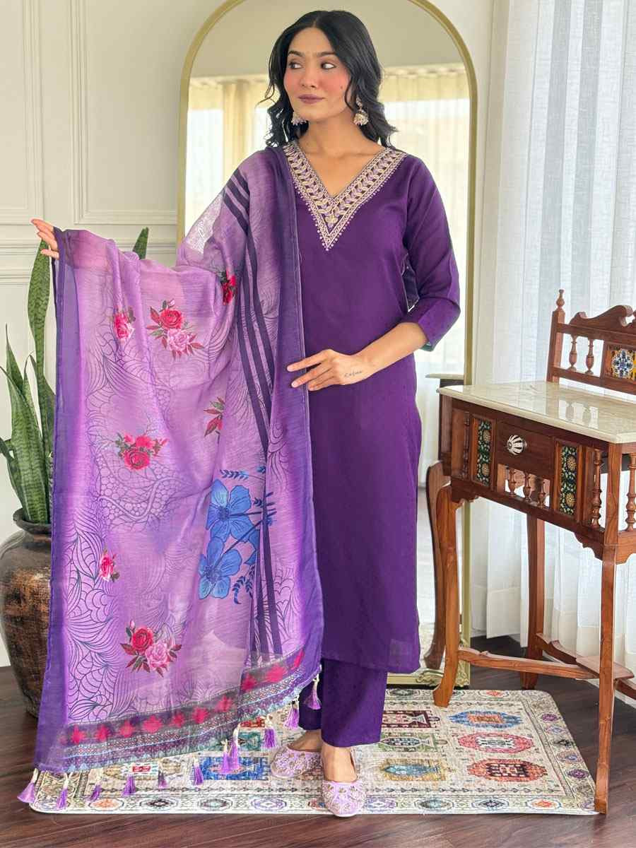 Violet Viscose Rayon Embroidery Party Wedding Festival Casual Ready Pant Salwar Kameez