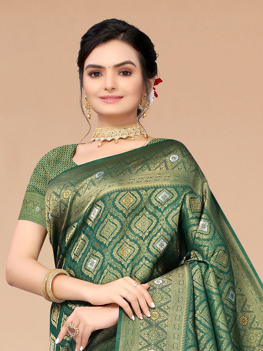 Viridian Green Blended Silk Handwoven Party Saree