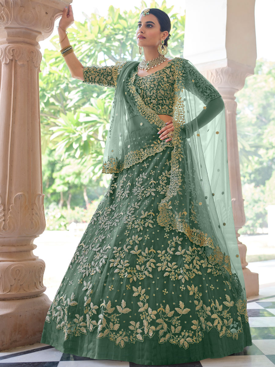 Viridian Green Net Embroidered Bridal Lehenga Choli