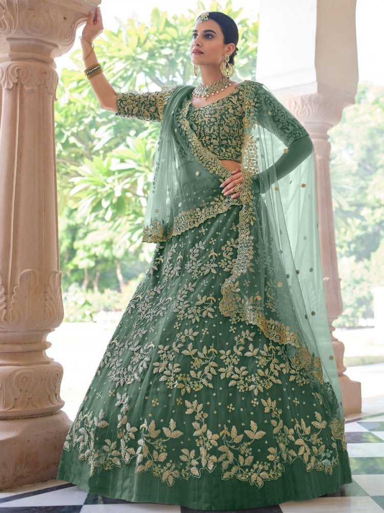 Viridian Green Net Embroidered Bridal Lehenga Choli