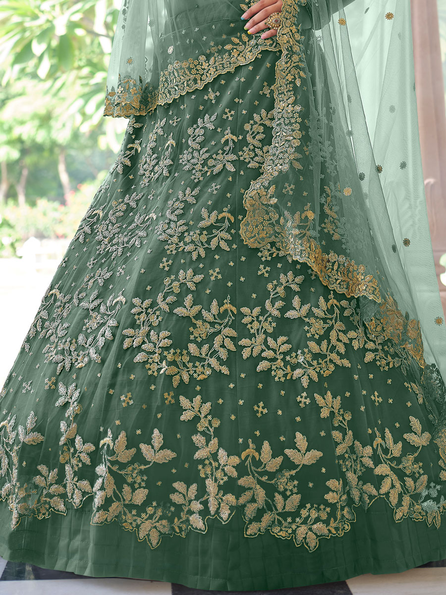 Viridian Green Net Embroidered Bridal Lehenga Choli