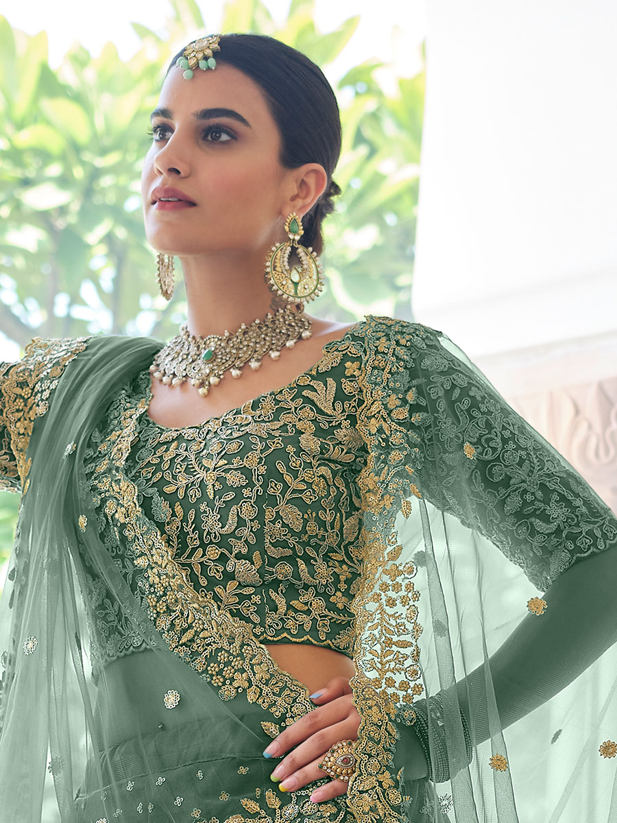 Viridian Green Net Embroidered Bridal Lehenga Choli
