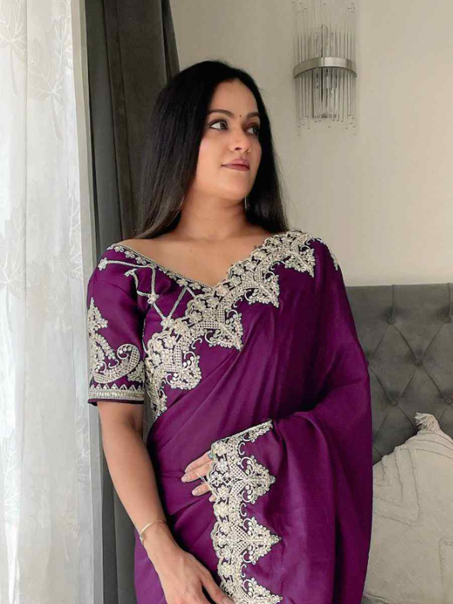 Voilet Chinon Silk Embroidered Festival Wedding Fancy Heavy Border Saree