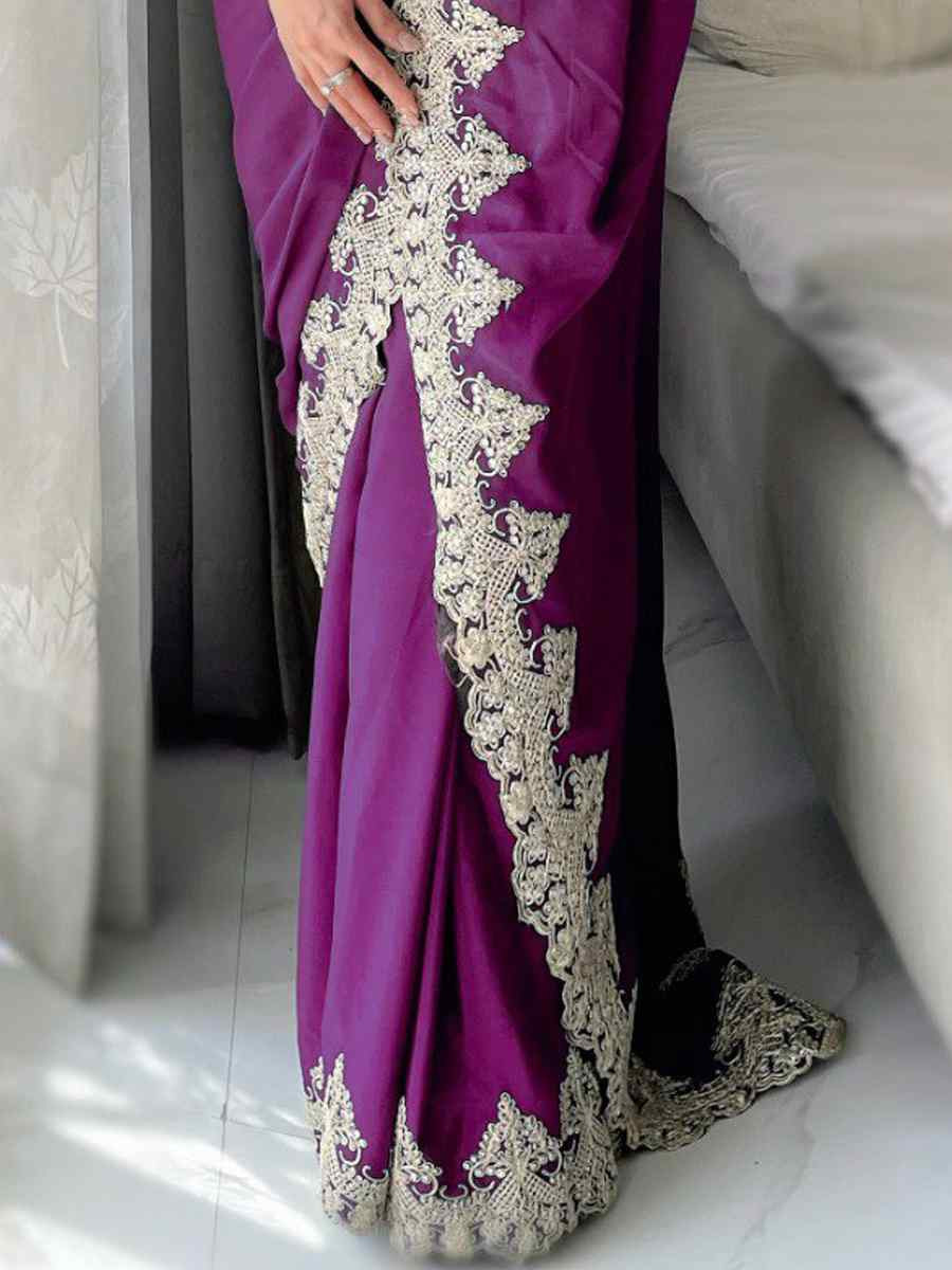 Voilet Chinon Silk Embroidered Festival Wedding Fancy Heavy Border Saree