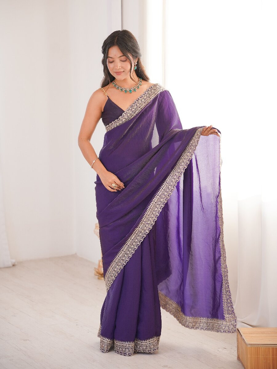 Voilet Fendy Satin Embroidery Lace Border Wedding Party Festival Reception Casual Heavy Border Sarees
