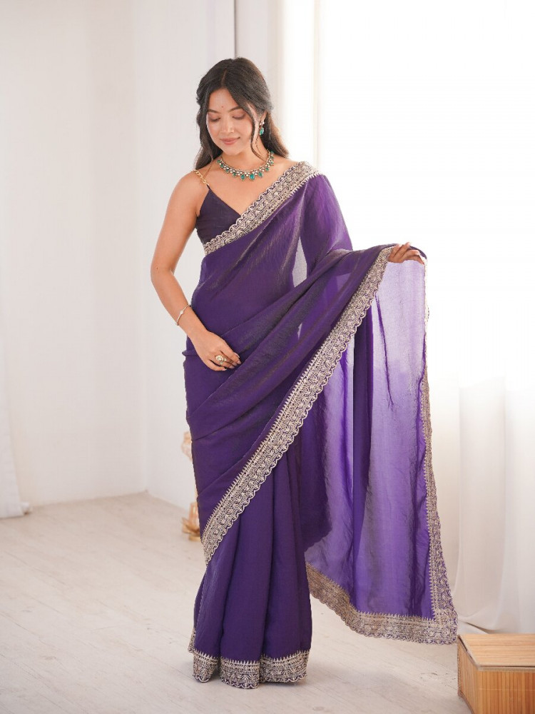 Image of Voilet Fendy Satin Embroidery  Lace Border Wedding Party Festival Reception Casual Heavy Border Sarees