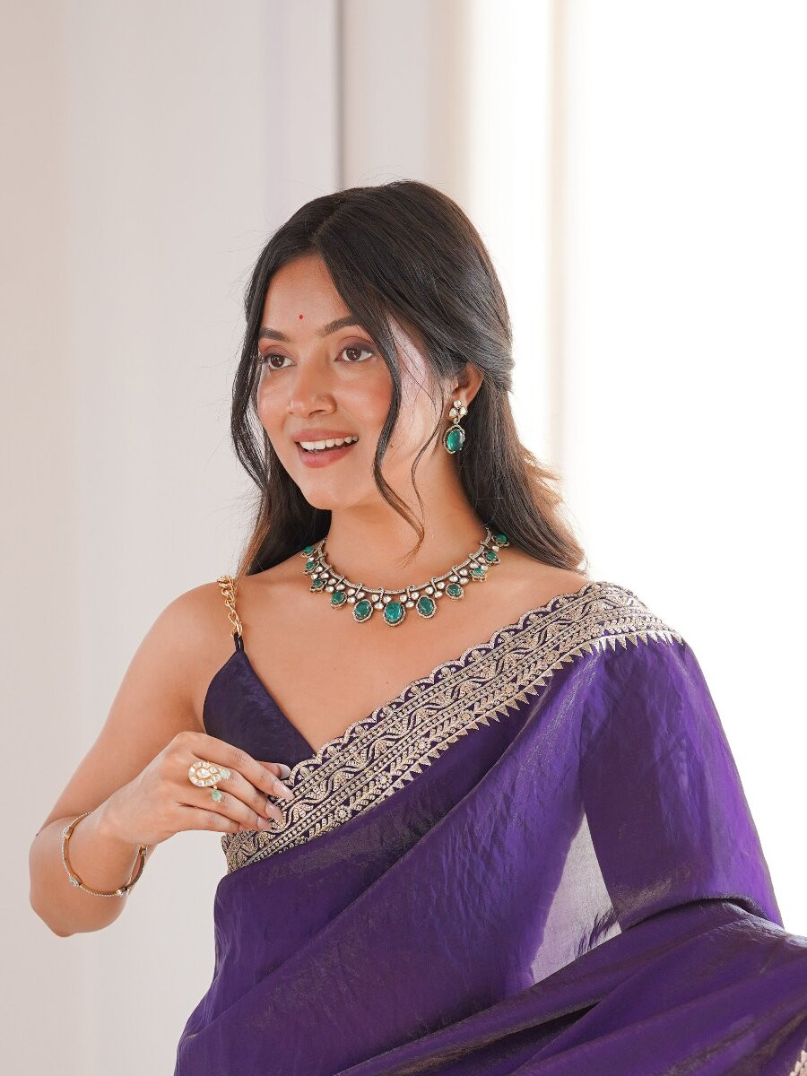 Voilet Fendy Satin Embroidery Lace Border Wedding Party Festival Reception Casual Heavy Border Sarees