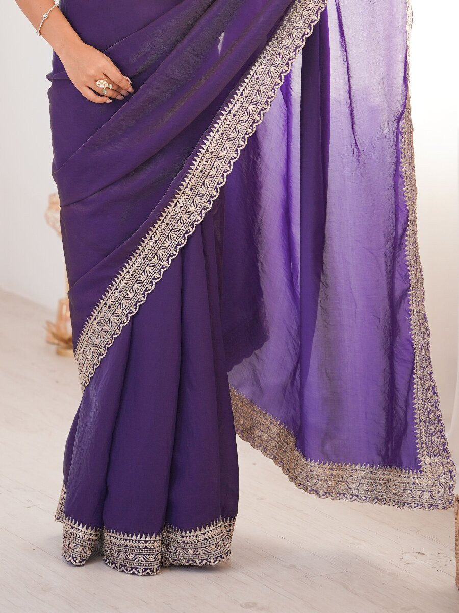 Voilet Fendy Satin Embroidery Lace Border Wedding Party Festival Reception Casual Heavy Border Sarees