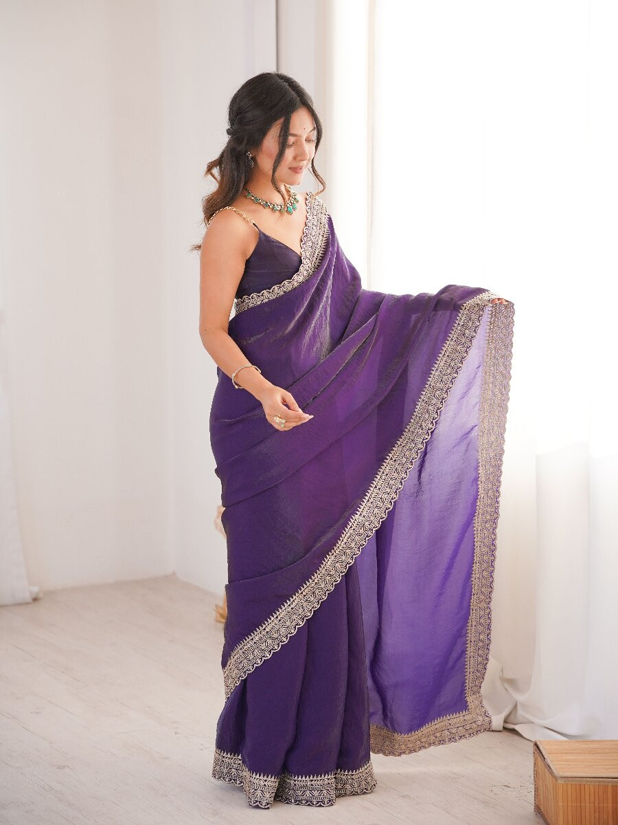 Voilet Fendy Satin Embroidery Lace Border Wedding Party Festival Reception Casual Heavy Border Sarees