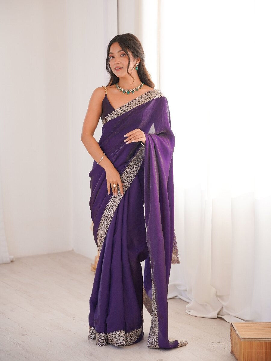 Voilet Fendy Satin Embroidery Lace Border Wedding Party Festival Reception Casual Heavy Border Sarees