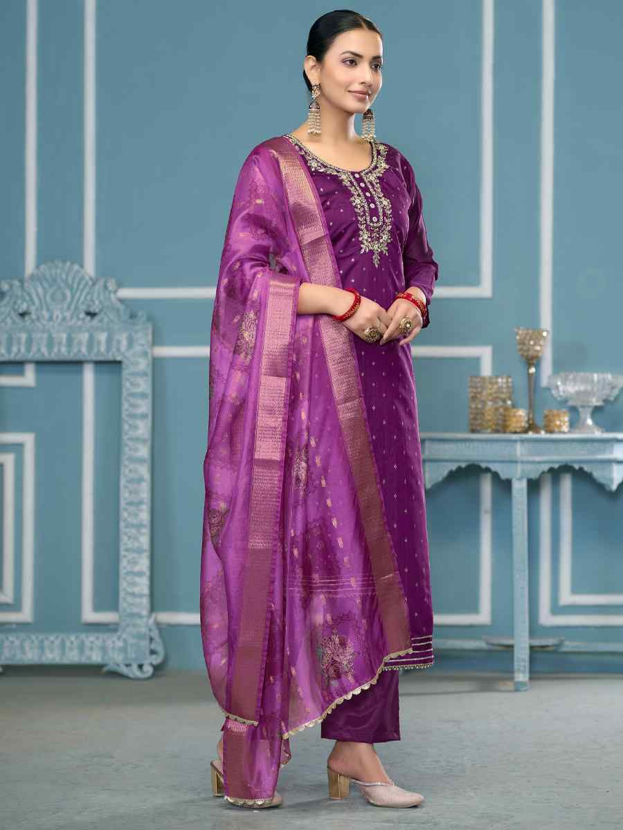 Voilet Modal Banarasi Embroidered Wedding Festival Pant Salwar Kameez