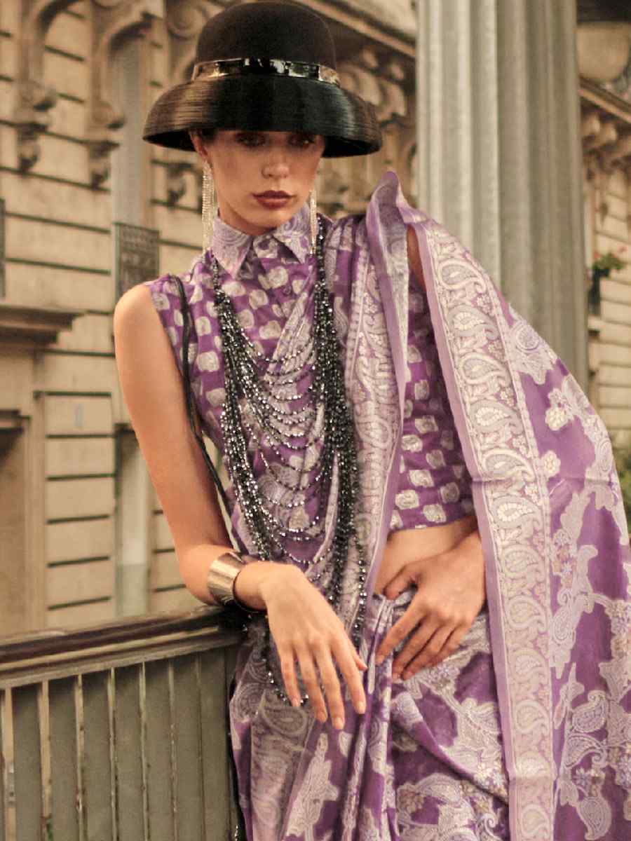 Voilet Purple Lucknowi Organza Handwoven Wedding Festival Heavy Border Saree