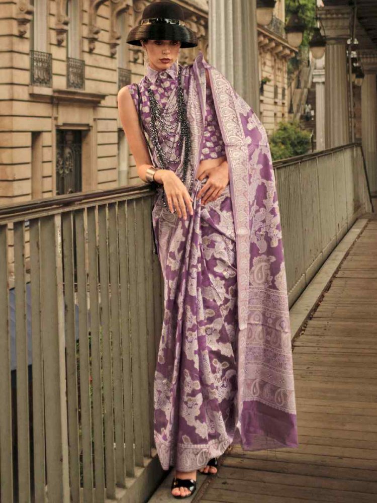 Voilet Purple Lucknowi Organza Handwoven Wedding Festival Heavy Border Saree