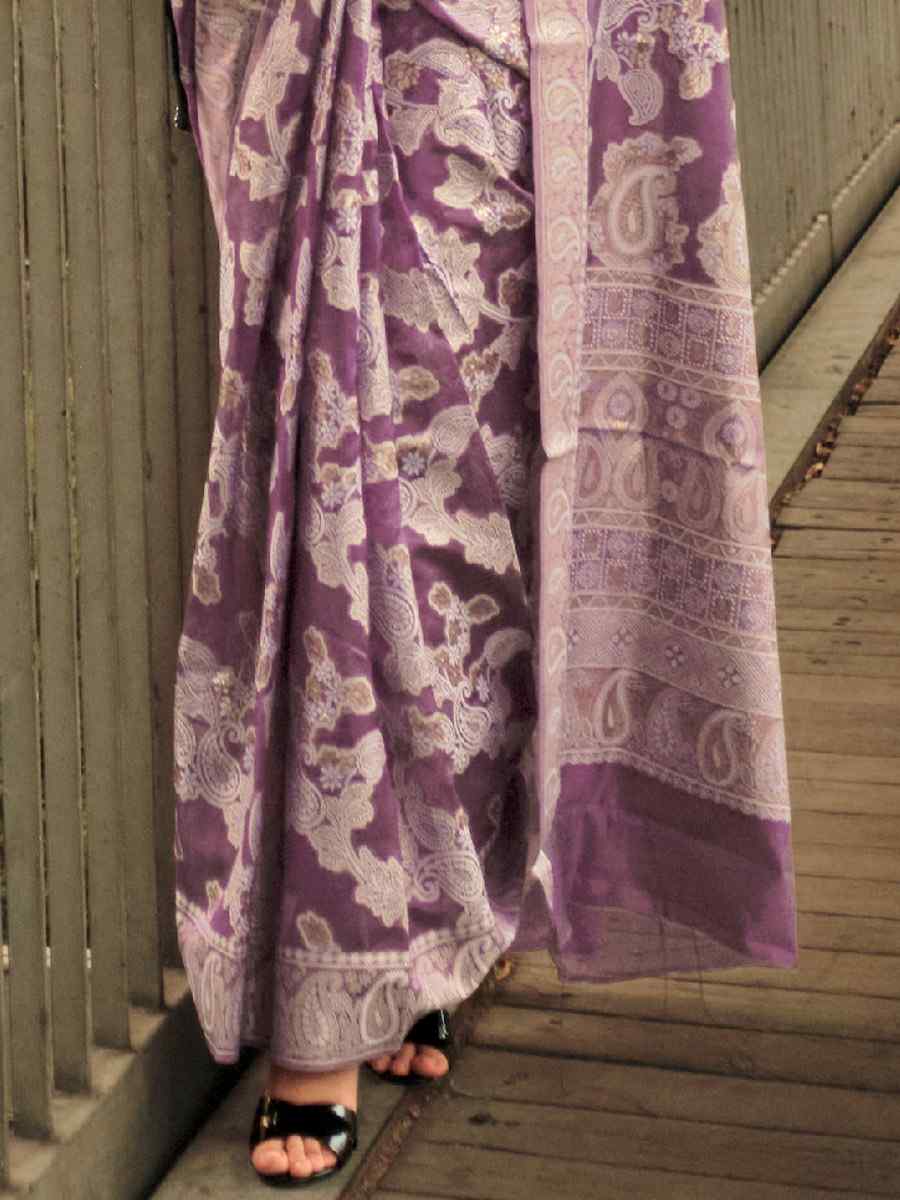 Voilet Purple Lucknowi Organza Handwoven Wedding Festival Heavy Border Saree