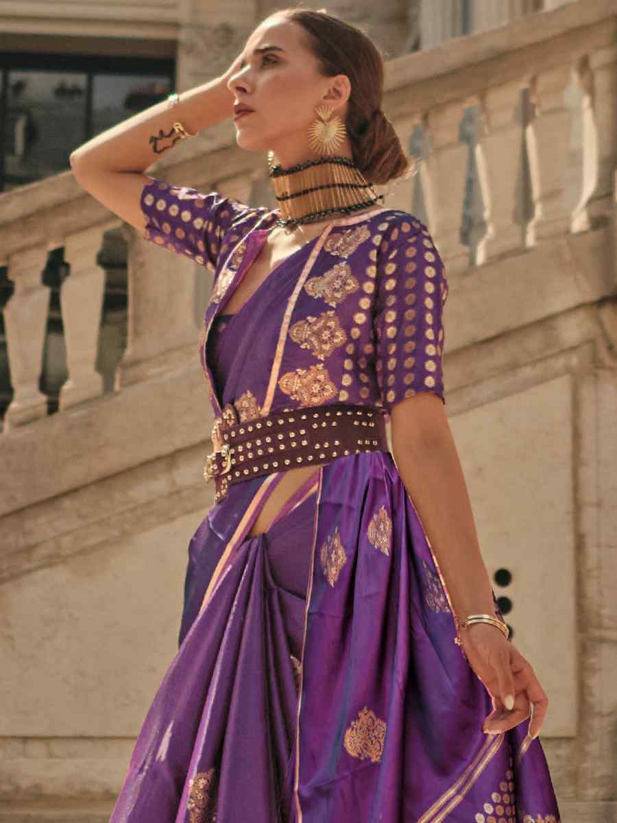 Voilet Purple Pure Satin Silk Handwoven Wedding Festival Classic Style Saree