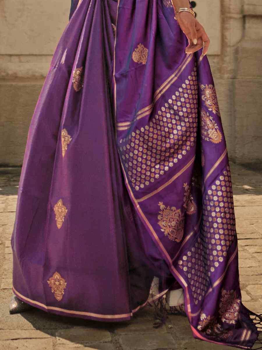 Voilet Purple Pure Satin Silk Handwoven Wedding Festival Classic Style Saree
